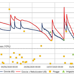 Andamenti di umidit del suolo misurata a 65 cm nelle parcelle gestite con irrigazione a goccia (IG) e con irrigazione a goccia associata a nebulizzatori (IS) nel periodo 15 Maggio  15 Agosto 2020