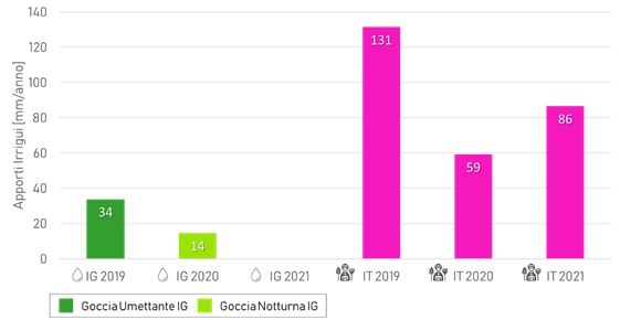 Figura1 Quantità di acqua utilizzata per l’irrigazione a goccia nella gestione sperimentale (IG) e in quella tradizionale (IT), durante le stagioni colturali 2019, 2020 e 2021.